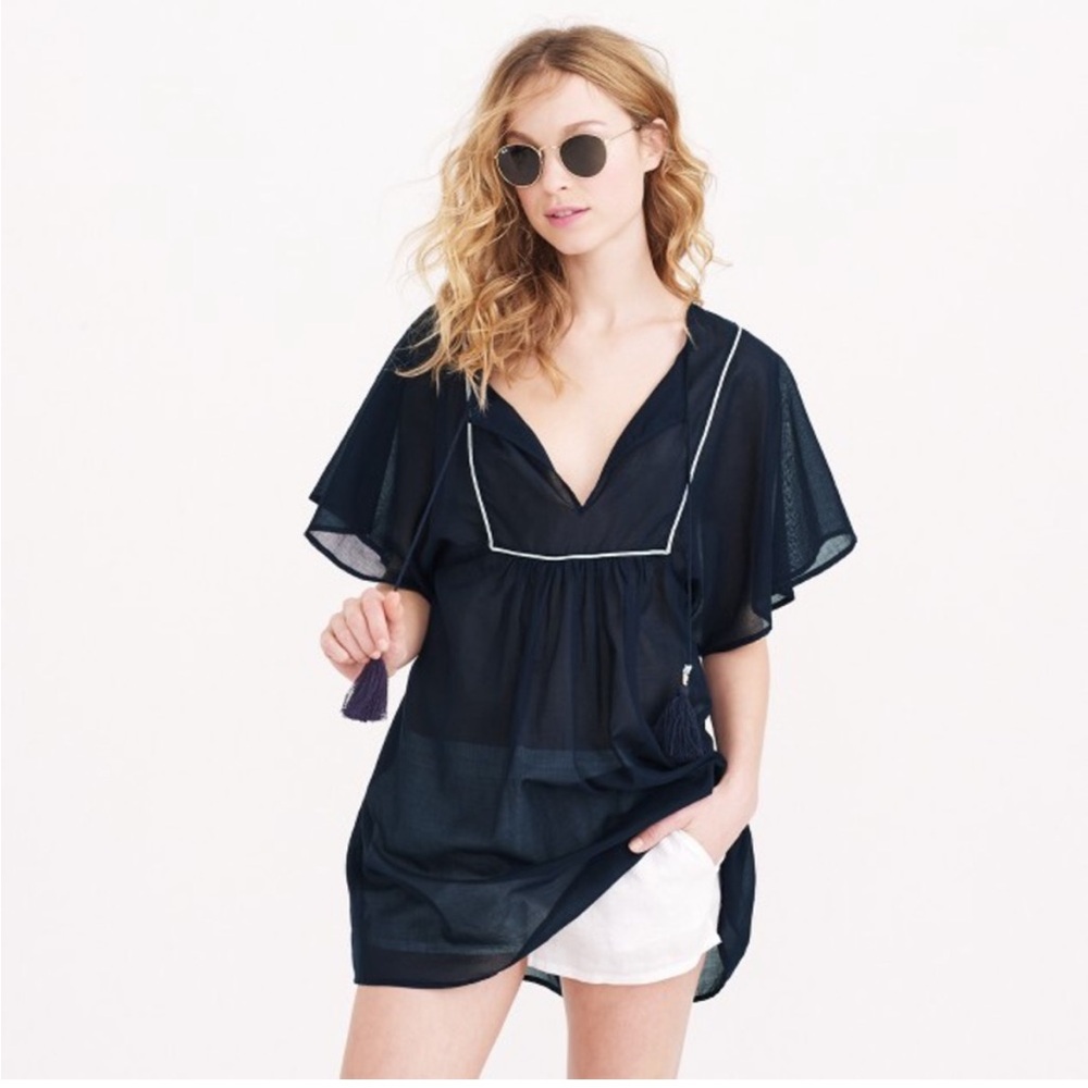 J. Crew‎ metallic piped tassel beach tunic coverup mini dress navy silver XSmall